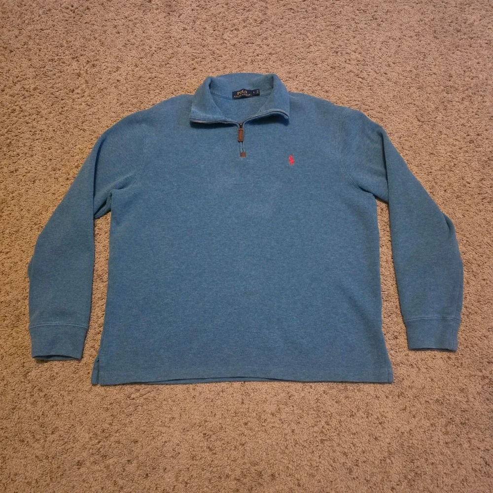 Polo Ralph Lauren Mens Large Blue Heather Quarter Zip Pullover Sweater Stain